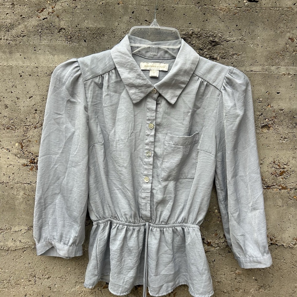 Monteau Gray Preppy Peasant Old Money Peplum Silky 1/2 Sleeve Blouse Sz Small